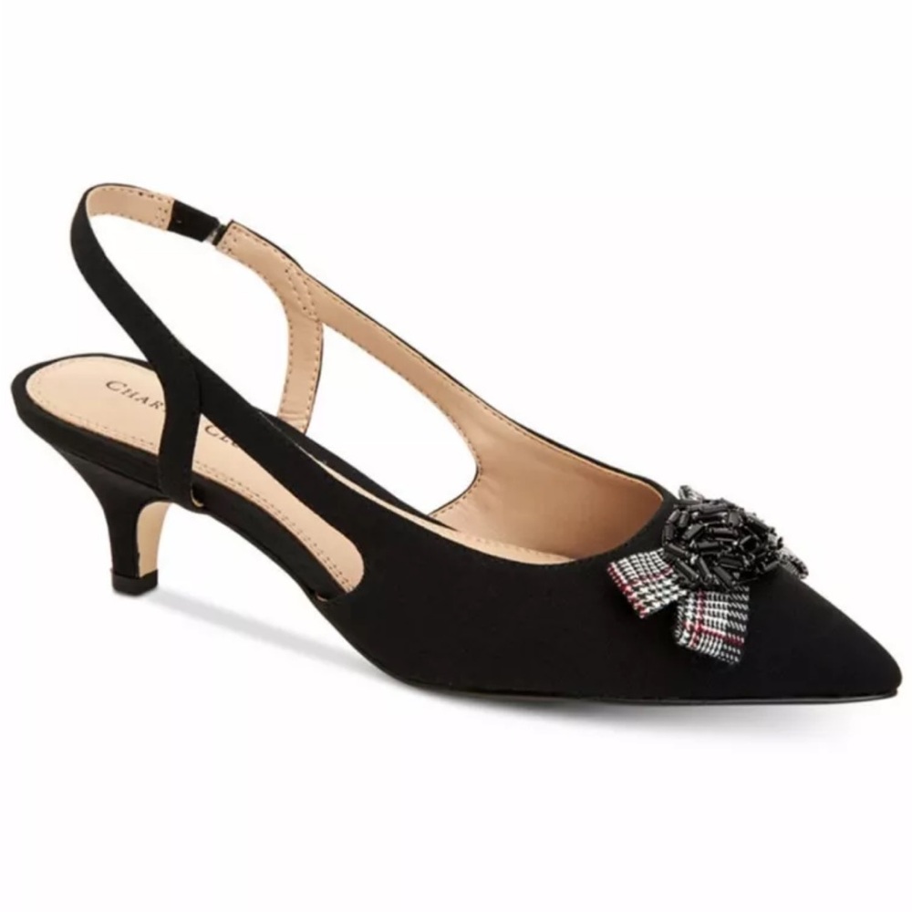 EUC CHARTER CLUB Lollee Pointed Toe Slingback Heels Black Bow Beads Sz 7.5 M